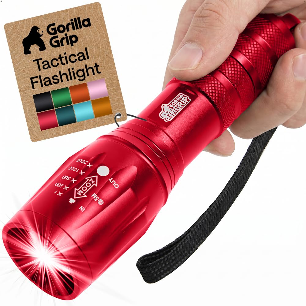 GORILLA GRIP Powerful LED Tactical Flashlight, Red