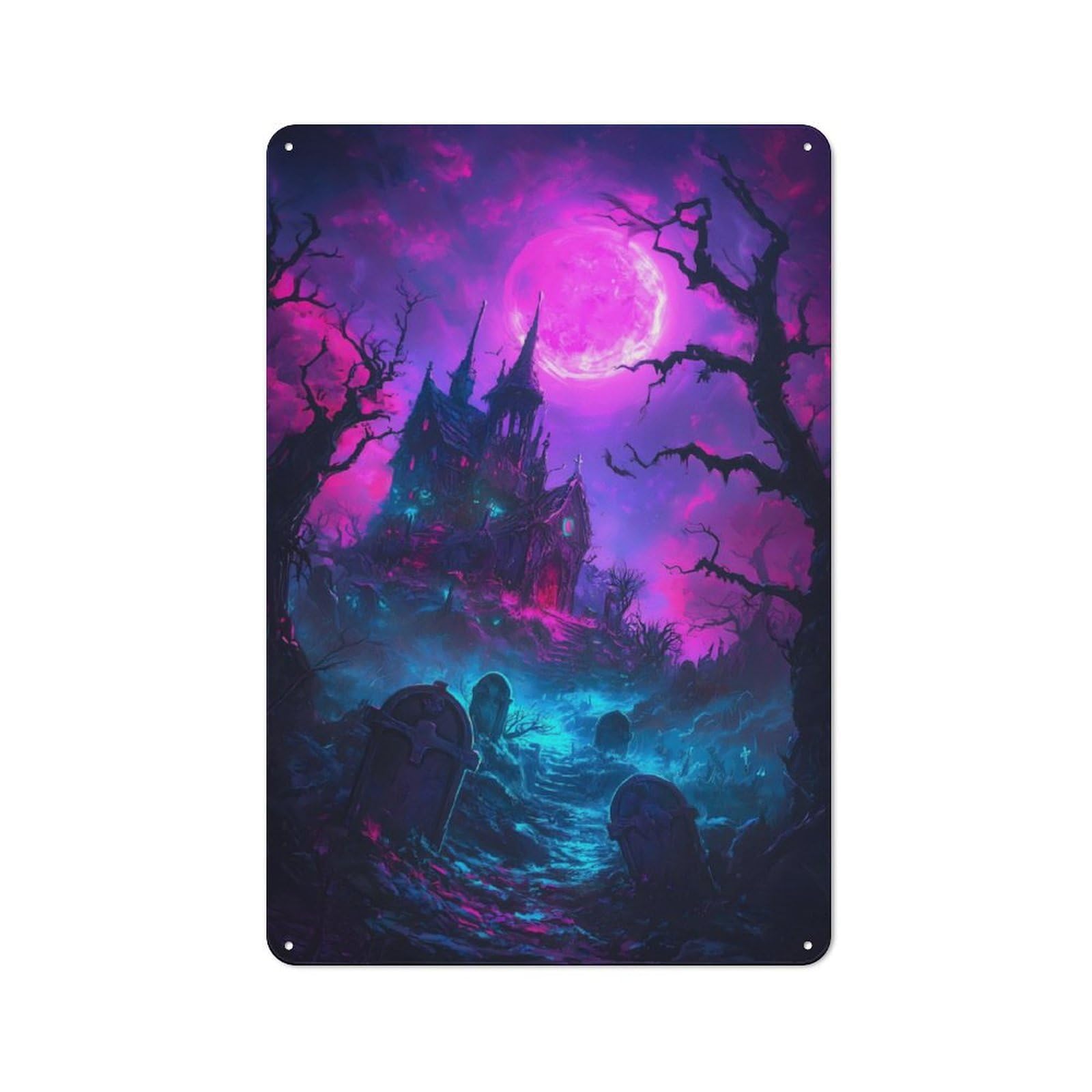 Junmoney Haunted Mansion Under Neon Moon For Café Or Restaurant, Vintage Tin Wall Plaque 30X20cm, New Home Wall Decor For Café Owners And Decorators