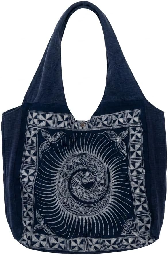 Handmade Indigo Batik Tote, Sun Totem Shoulder Bag