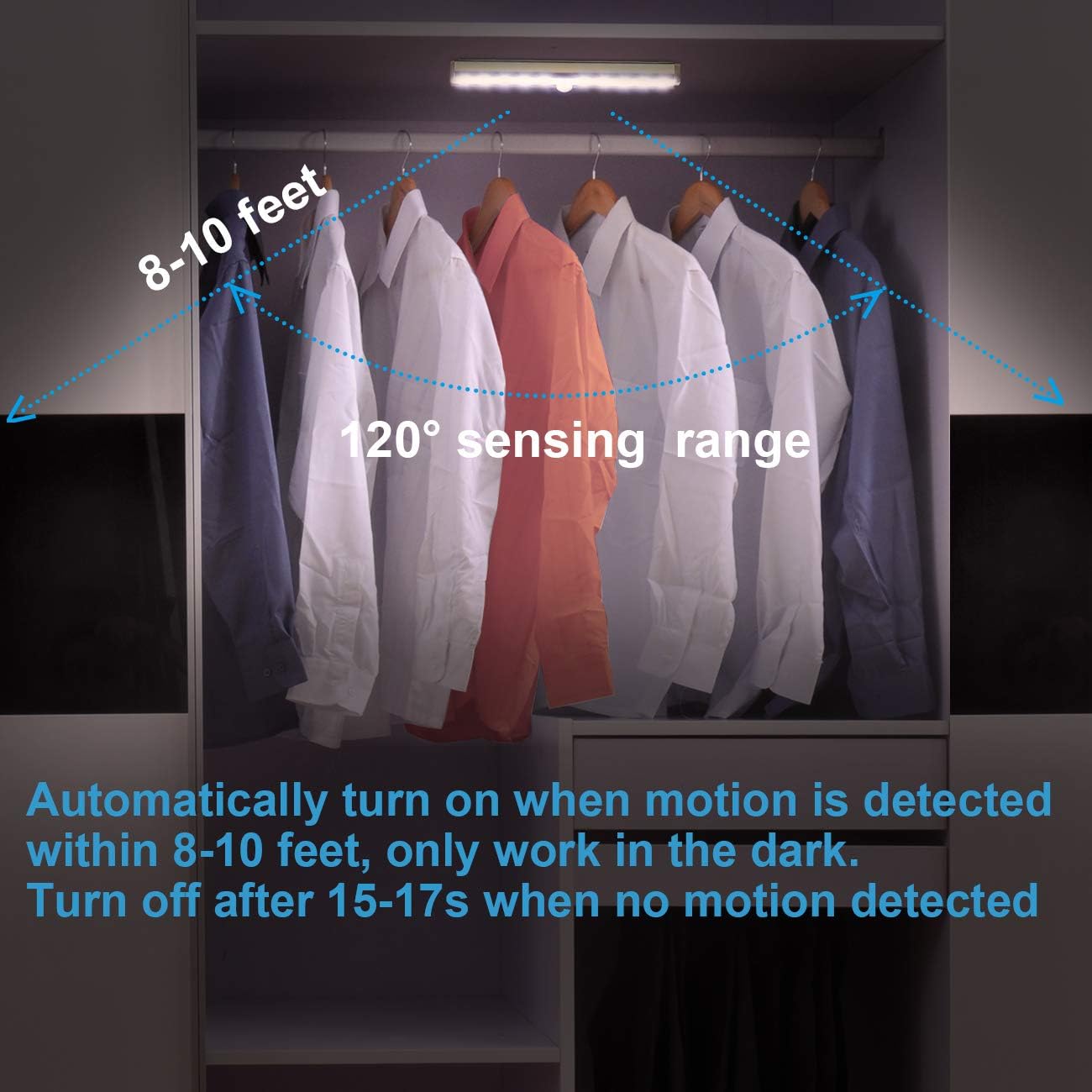 Motion Sensor Closet Lights, 10 Led Battery Powered Lights Led Under Cabinet Lighting Wireless Under Counter Light, Stick On Lights Motion Night Light Bar for Stairs Hallway Kitchen, White 6 Pack