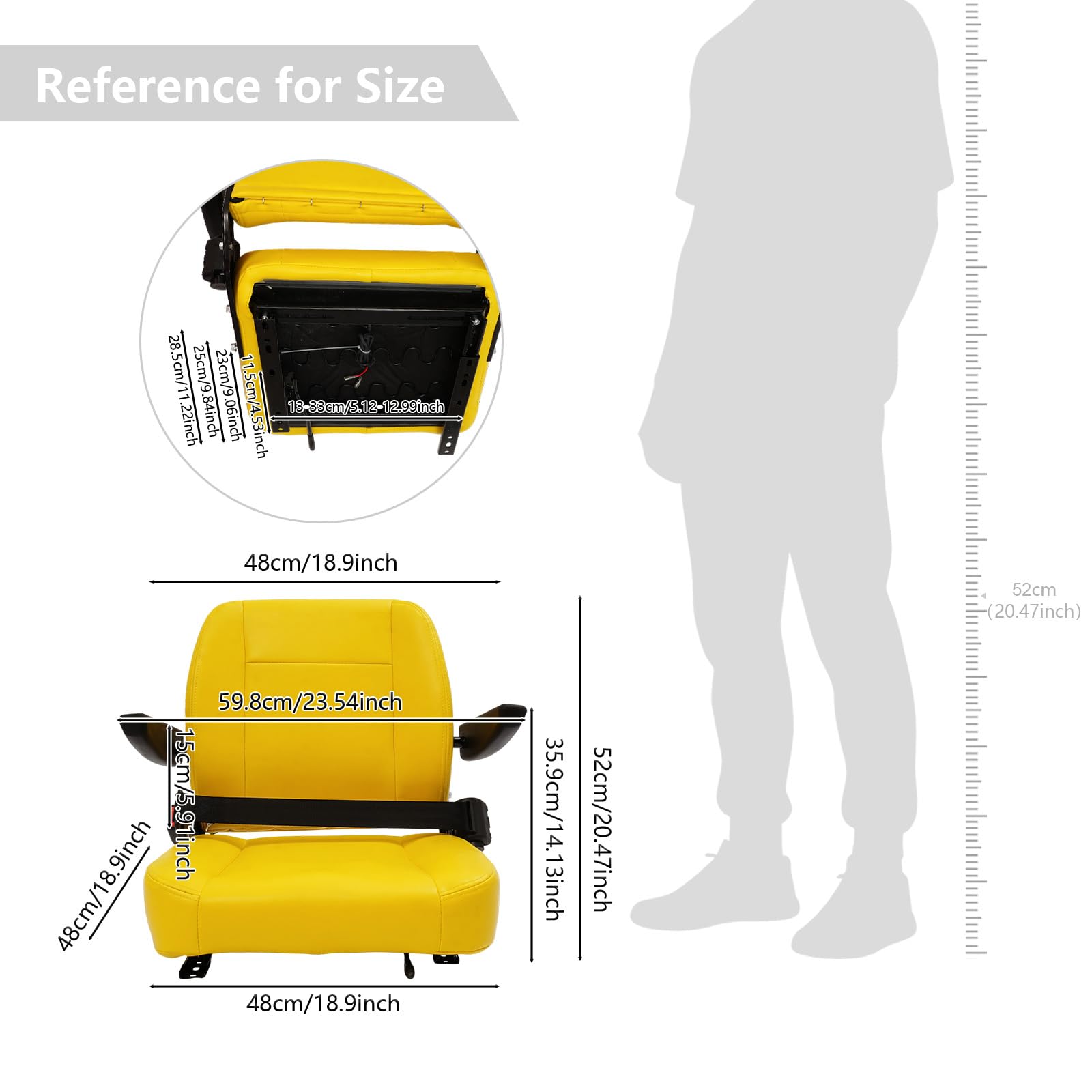 Seggiolino universale per trattore fino a 100 kg, 48 x 48 x 52 cm, regolabile, con braccioli e cintura di sicurezza, sedile per macchine edili, per trattore, tosaerba, carrelli elevatori e macchine da