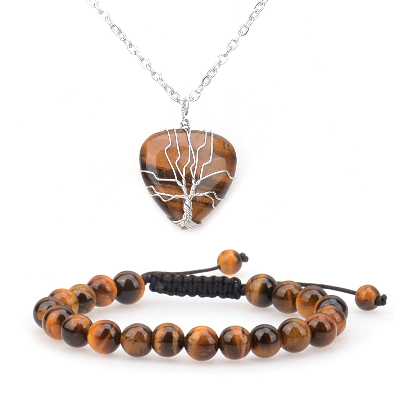 LPBeads Natural Yellow Tiger Eye Healing Tree of Life Heart Pendant Necklace with Adjustable Gemstone Bracelet Set for Women