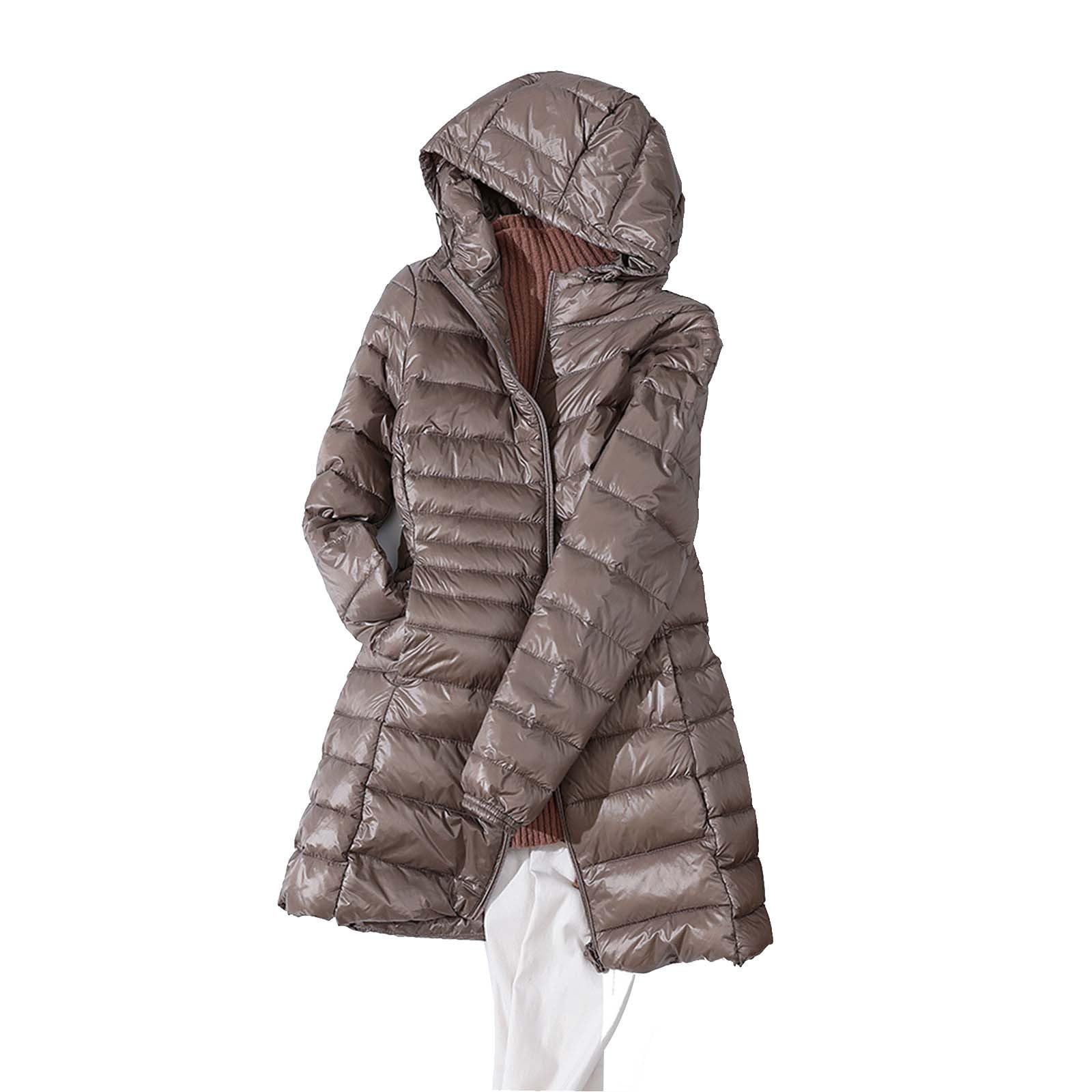Donsjas voor dames, lang, warm, winterjas met capuchon, winter, winddicht, warme jas, lichte gewatteerde jas, herfst, winter, lange mouwen, overgangsjas met ritssluiting, modieus, losse bufferjas