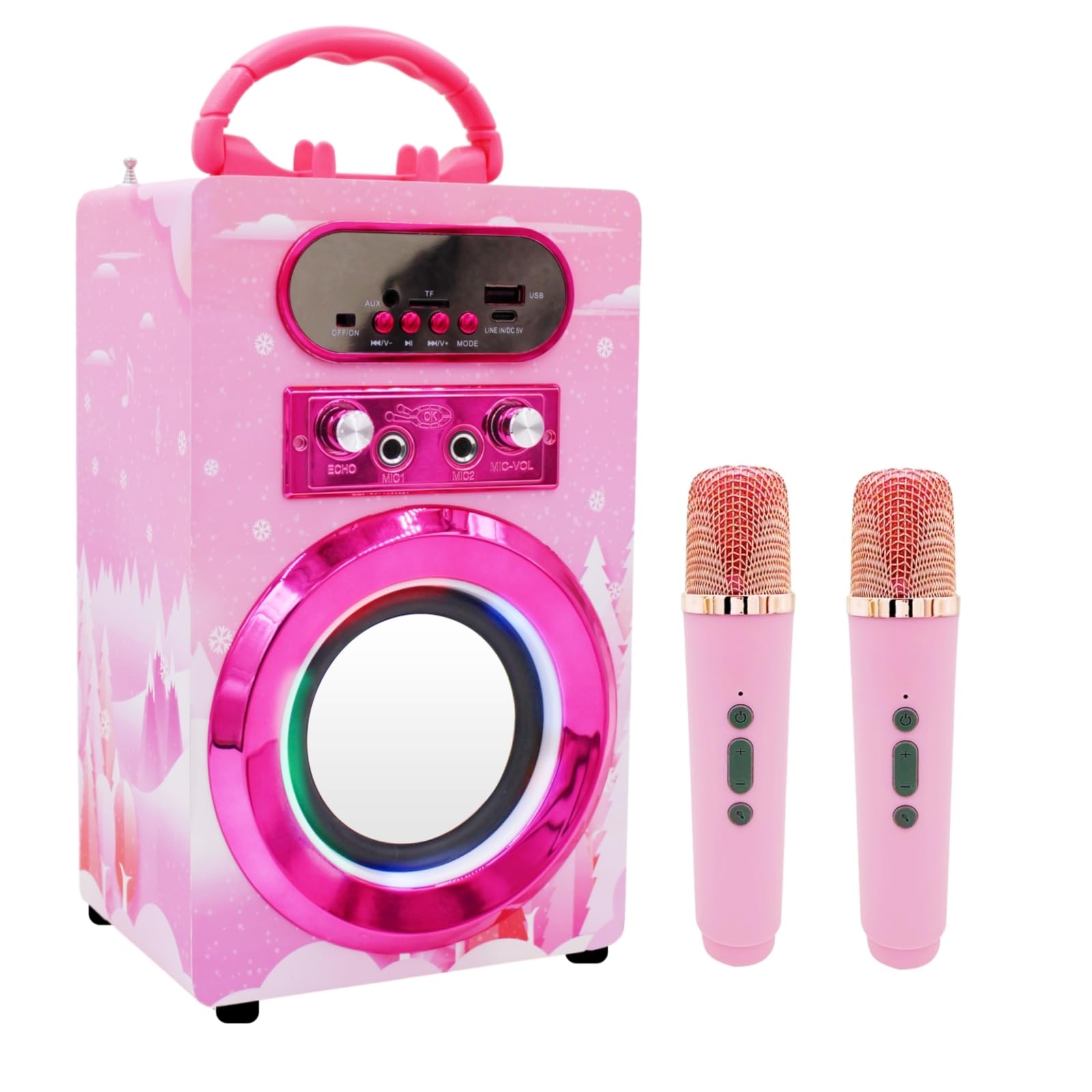 Kids Bluetooth Karaoke Machine with 2 Microphones, Wireless Rechargeable Remote Control Portable Karaoke Speaker Music MP3 Player Loudspeaker with Microphones for Kids (Pink)