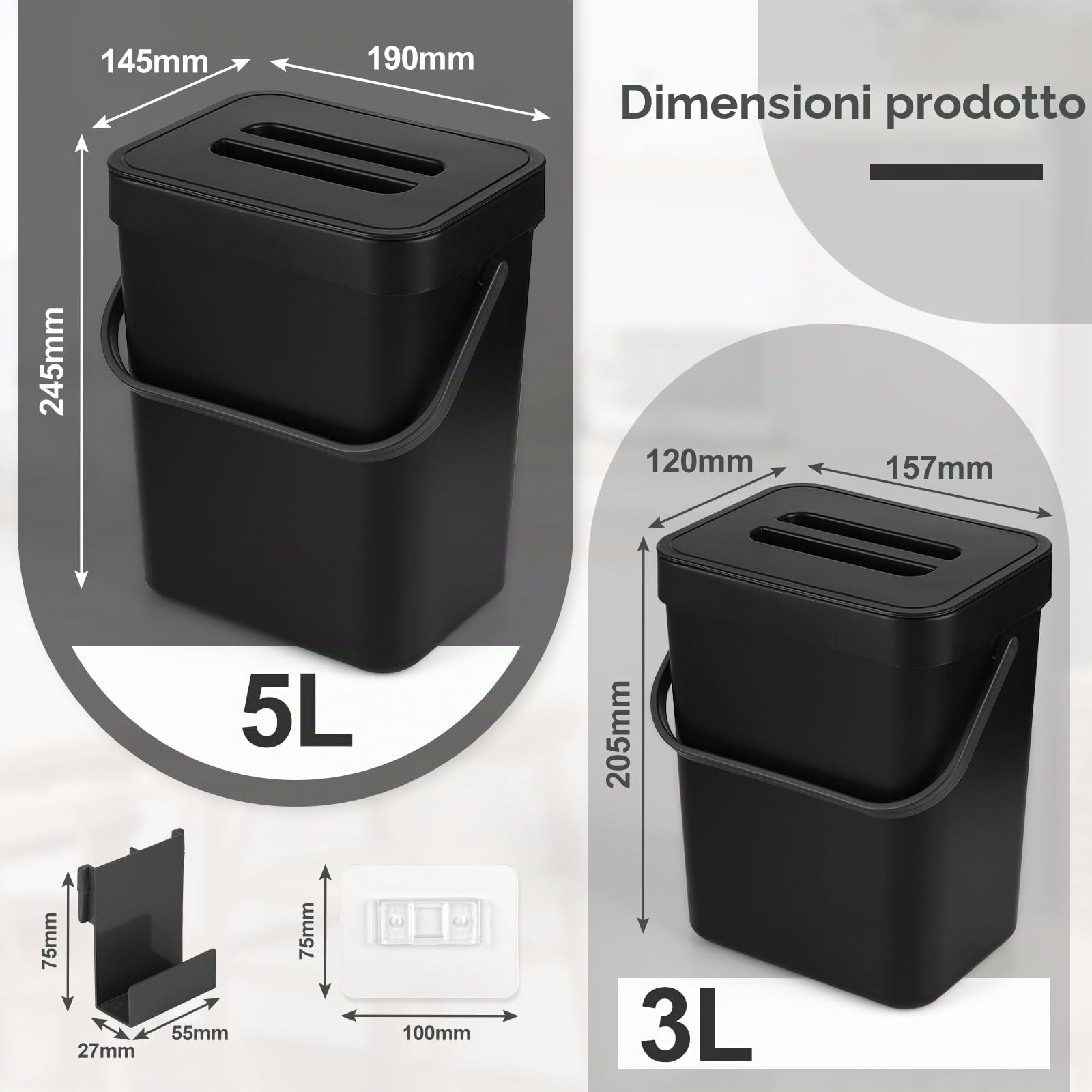 lalago Secchio per il compost da cucina (5L+3L), Bidone per rifiuti organici sospeso, Contenitore sospeso con coperchio per cucina, bagno, auto, ufficio, camera da letto (Nero)