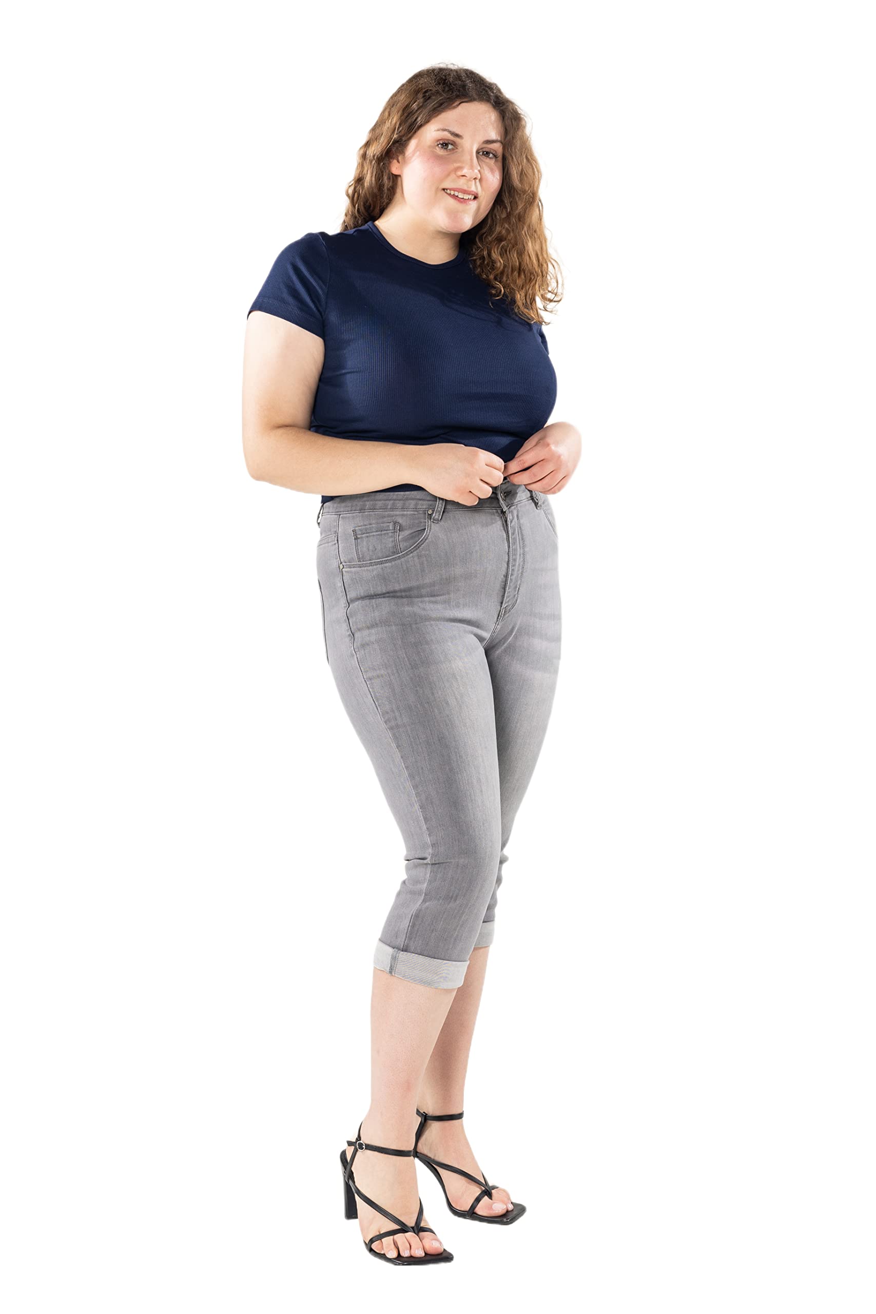 Nina Carter P200 Damen Capri Jeanshosen Große Größen HIGH Waist Jeans Sommer Hose Used-Look