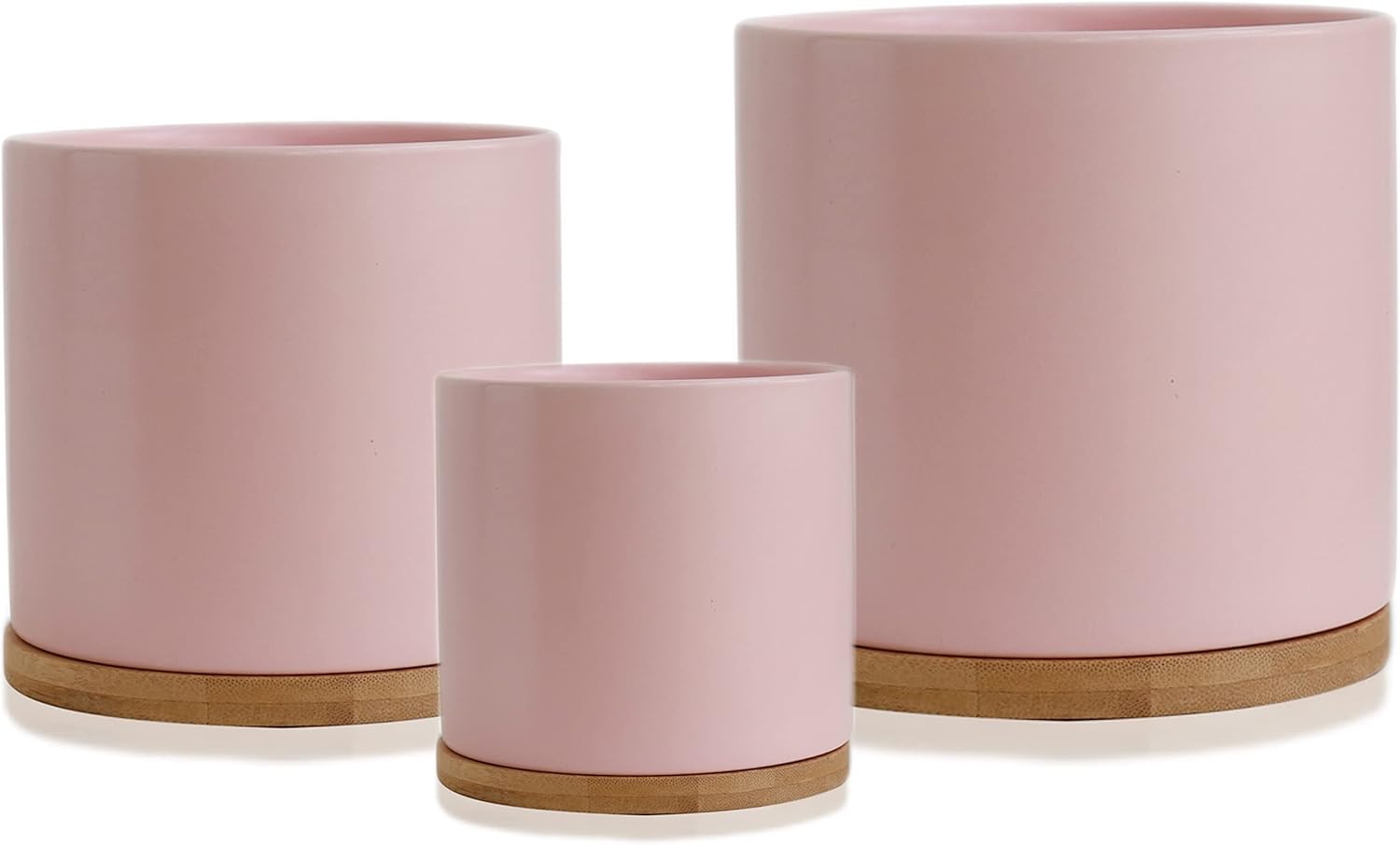 Olly & Rose Set 3 Ceramic Plant Pots with Bamboo Coasters Pastel Pink Indoor Planters Ceramic Flower Pots Containers Outdoor Large, Medium, Small with saucers