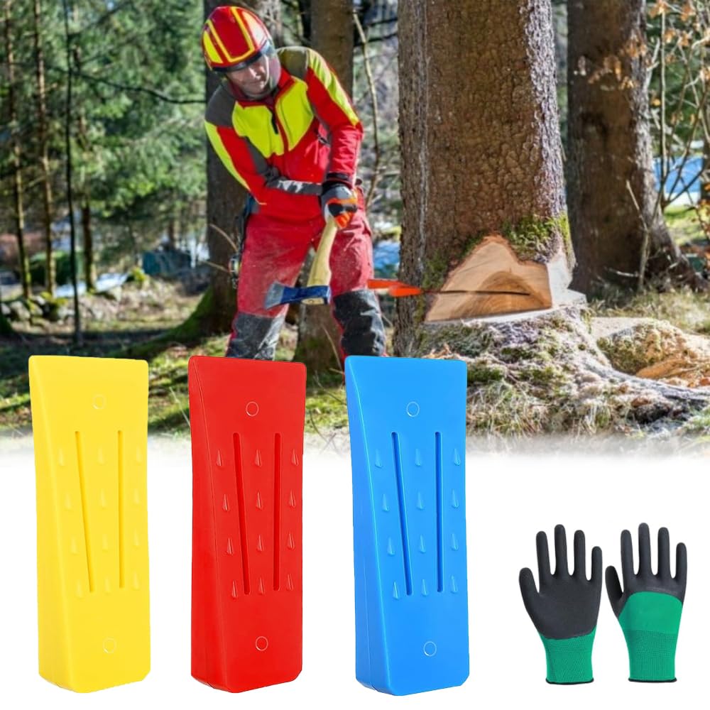 3 Pièces Cale d'Abattage En Plastique,Cales D'Abattage 6 Pouces Avec Gants Et Sac De Rangement,Coins D'Abattage D'Arbres Plastique Pour Abattage Contrôlé (Rouge, Bleu, Jaune)