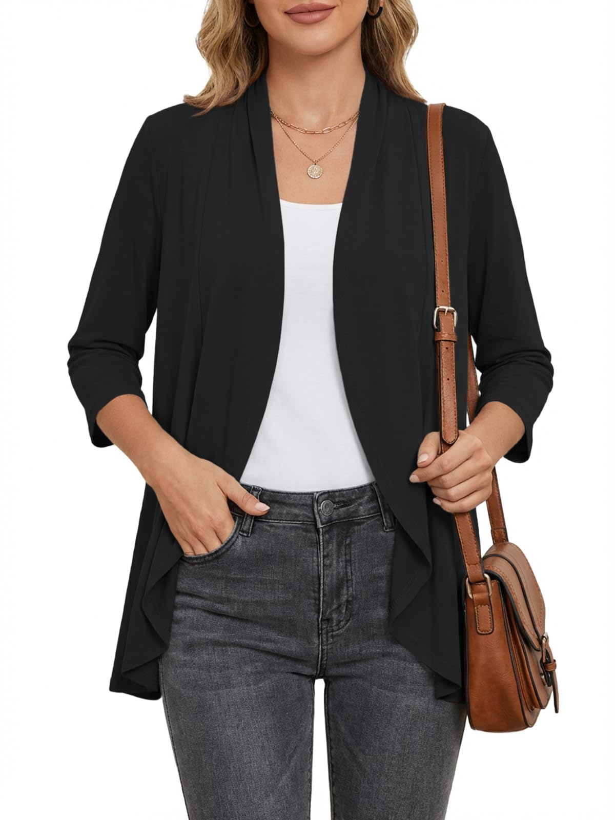 Saodimallsu Strickjacke Damen Leicht 3/4 Ärmel Cardigan V-Ausschnitt Rüschensaum Open Front Sweater Elegant Lässig Einfarbig Sommerjacke