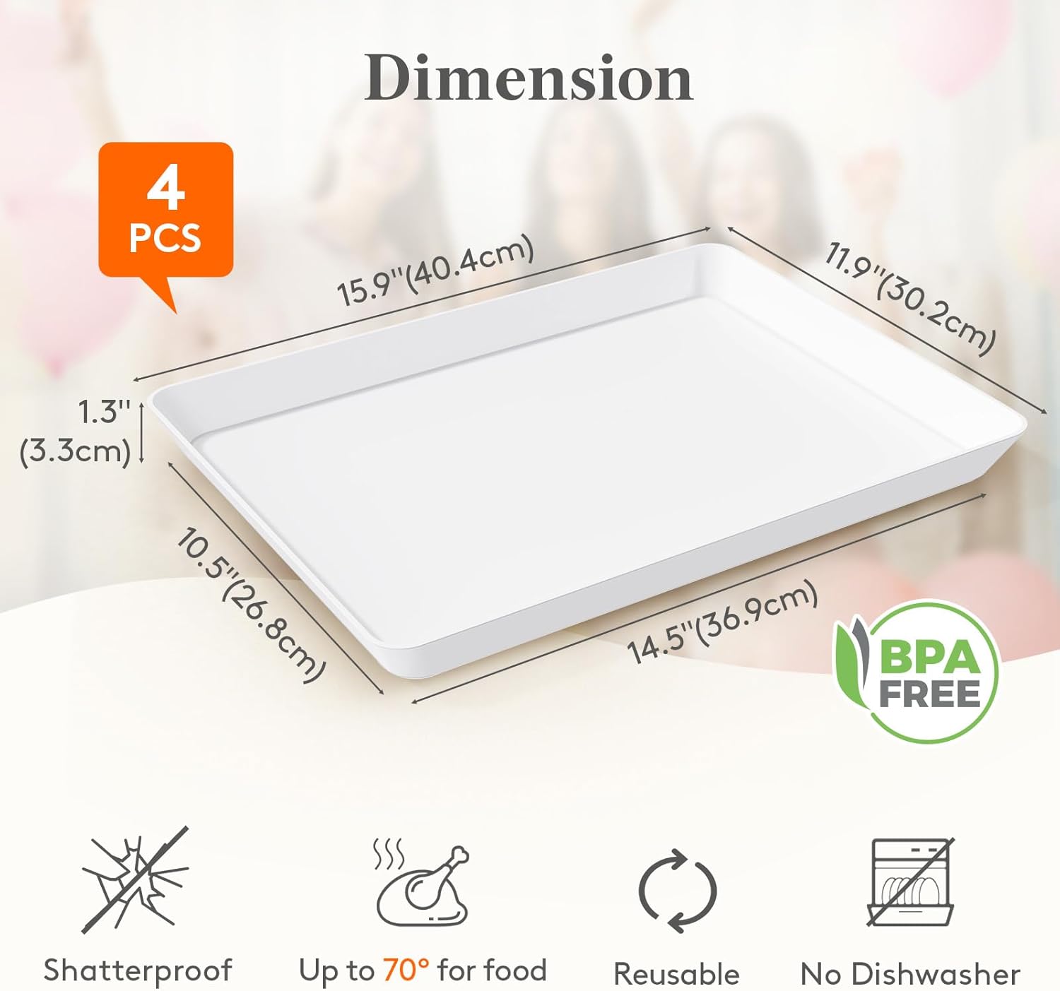 Lifewit Extra Large Plastic Serving Trays, 16" x 12" Reusable Food Serving Platters, White Catering Trays for Parties, Buffet, Snacks, Fruit, Appetizers & Charcuterie, BPA-Free, Set of 4
