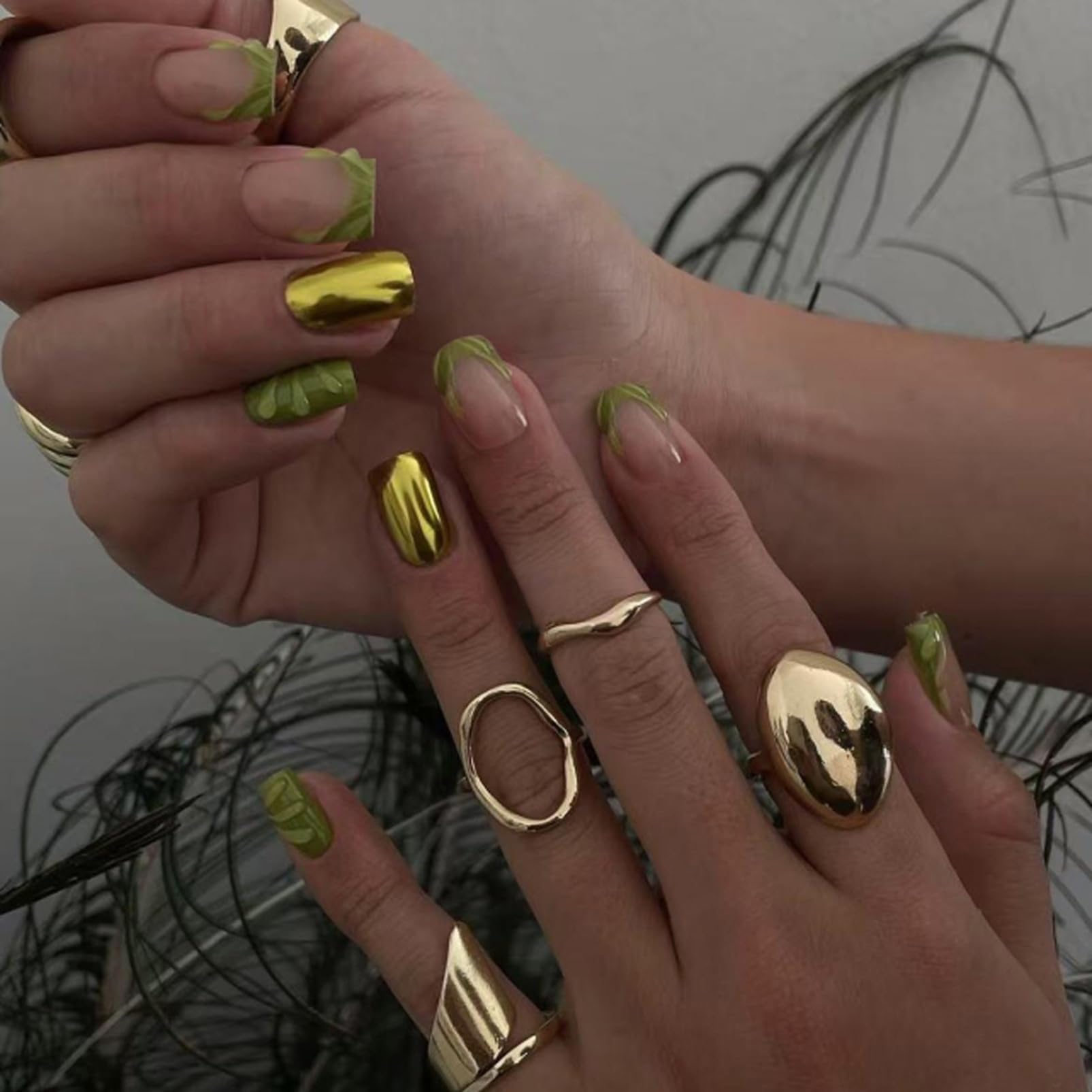 24Pcs Short Square False Nails with Glossy Metallic Gold and Green Leaf French Tip Design on Nude Base
