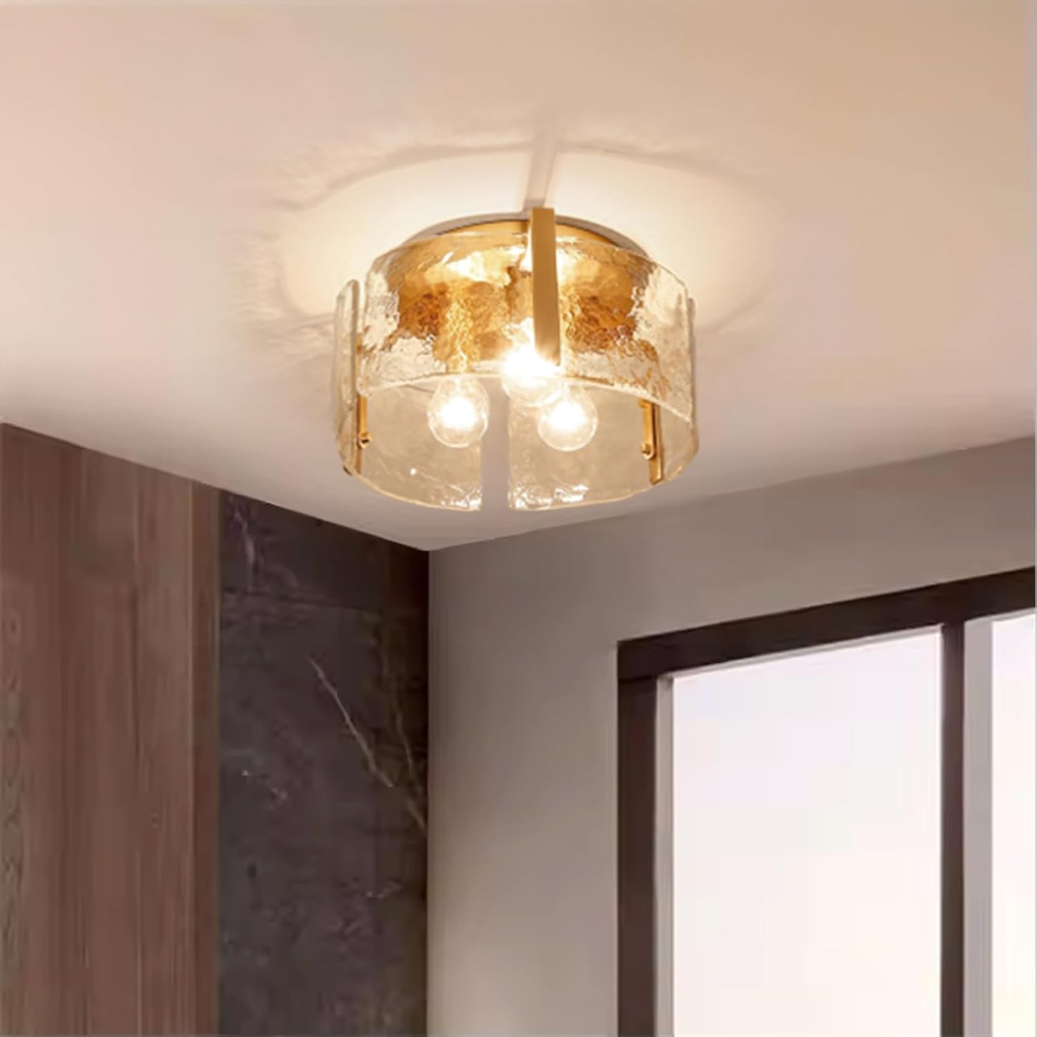 11 inch Gold Semi Flush Mount Ceiling Light, 3-Light Modern Glass Drum Fixture for Dining Room, Bedroom, and Entryway Gold 11 inch