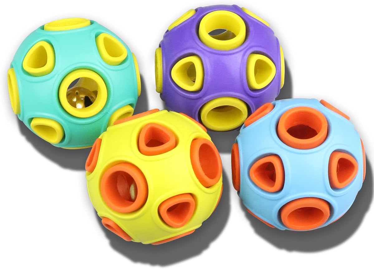 Bolas para perros con sonido de campana, [Paquete de 4] Bola de goma para cachorros, perros pequeños, juguetes interactivos para masticar mascotas de 2"