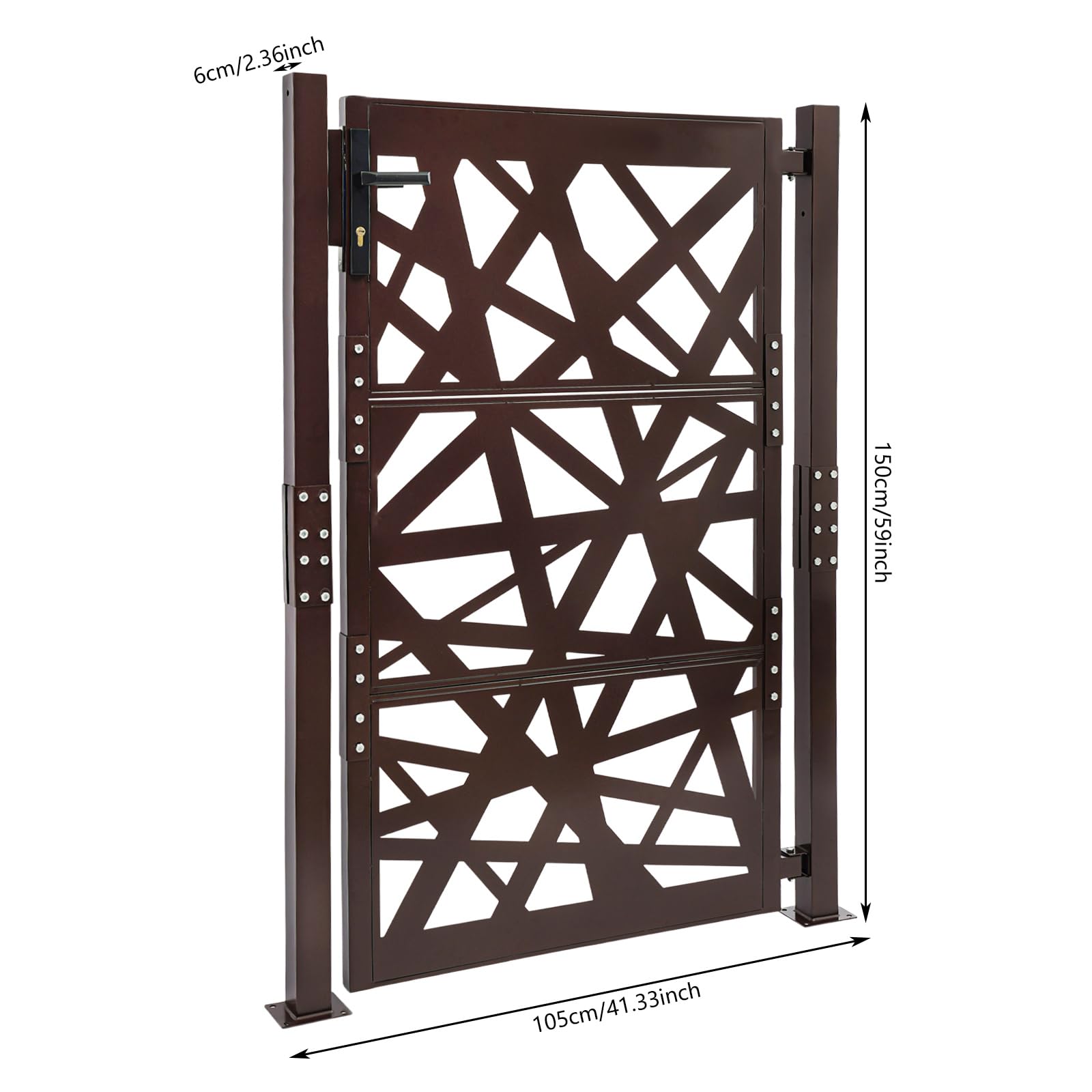 Cancello da giardino, 105 x 150 cm, doppia colonna, in metallo, con 7 chiavi e angolo di chiusura a 180°, per magazzini, giardini, cortili interni (marrone)