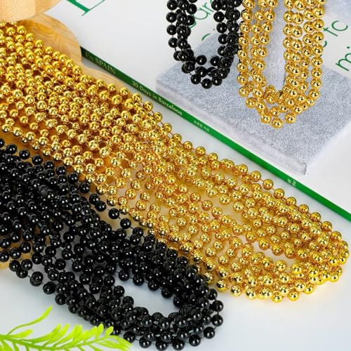 Image of EOBOH 144PCS New Years Eve Bead Necklace, Black Gold Bead Necklace Party Supplies, 33 inch New Years Eve Necklaces Costume Set, Festival Parade Throw for Mardi Gras New Years Celebrations Decorations
