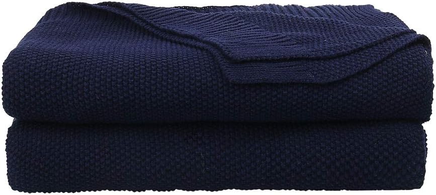 PiccoCasa 100% Cotton Knit Throw Blanket,Solid Lightweight Decorative Throws and Blankets,Soft Knitted Throw Blanket for Sofa Couch, Dark Blue 50" x 60"