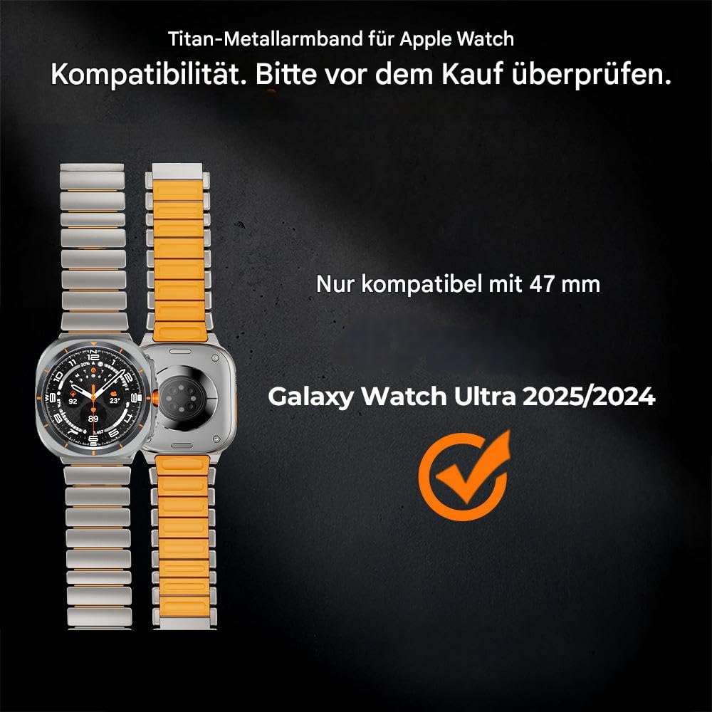 Cinturino in titanio per Samsung Galaxy Ultra 47 mm (2025/2024) - Fodera in silicone ibrido e chiusura sicura - Cinturino in metallo leggero e regolabile, antiscivolo, non tira i capelli