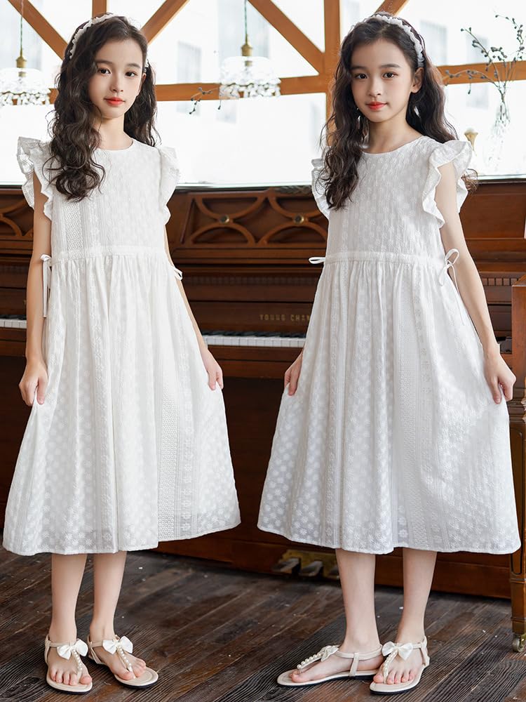 Sukienki dla dziewczynek Letnia bawełniana sukienka na imprezę Linia Midi Casual Dress z wycięciem pod szyją dla dziewczynek w wieku 4-16 lat