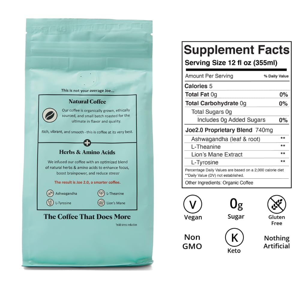 Joe 2.0 Colombian Mushroom Coffee – Medium Roast Ground Nootropic Coffee with Lion’s Mane, Ashwagandha, L-Theanine & L-Tyrosine – Supports Focus & Calm – 20 Servings (11 oz)