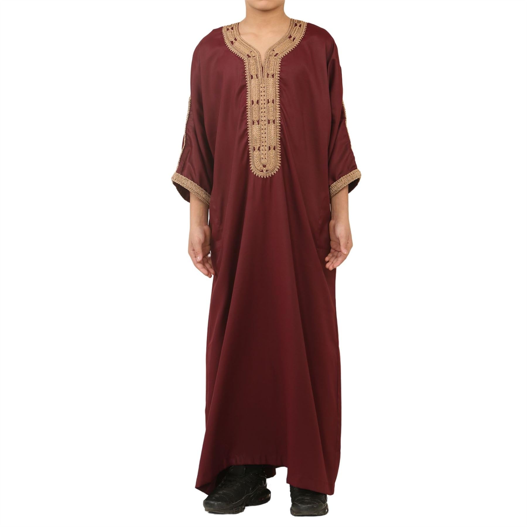 Thobez Boys Maroon Gold Marron Moroccan Thobe Short Sleeve Gandoura Gold Embroidery Kaftan - 42