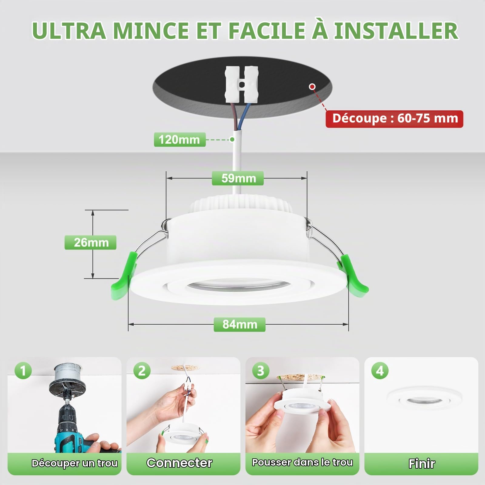 YindaLux Spot led encastrable GU10 cadre IP65 incl.5W Module LED 4000K, Spot encastrable 230V Blanc mat Spots de plafond Rond plat Spot 68mm Trou pour extérieur-intérie, Lot de 6, Non dimmable