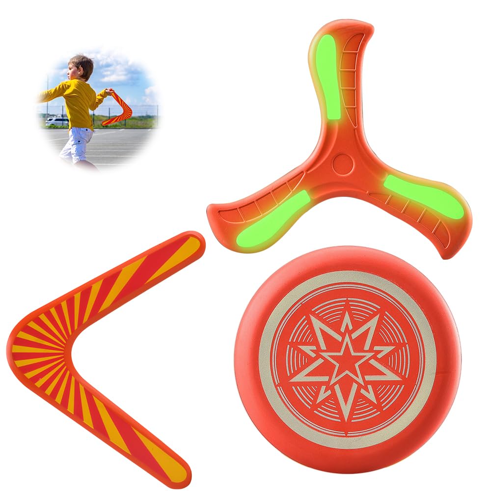 FeiFanChoice Wooden Boomerang, 2PCS Boomerang with 1 Frisbee for Kids Adult Pets, Returning Boomerang Sports Game Toy Suitable for Outdoor Outing Beach Toys