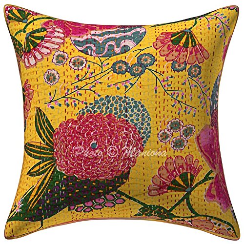 ManionaCrafts Indian Kantha Work Cotton Cushion Cover 16 X 16 Floral and Fruit Handmade Sofa Pillow