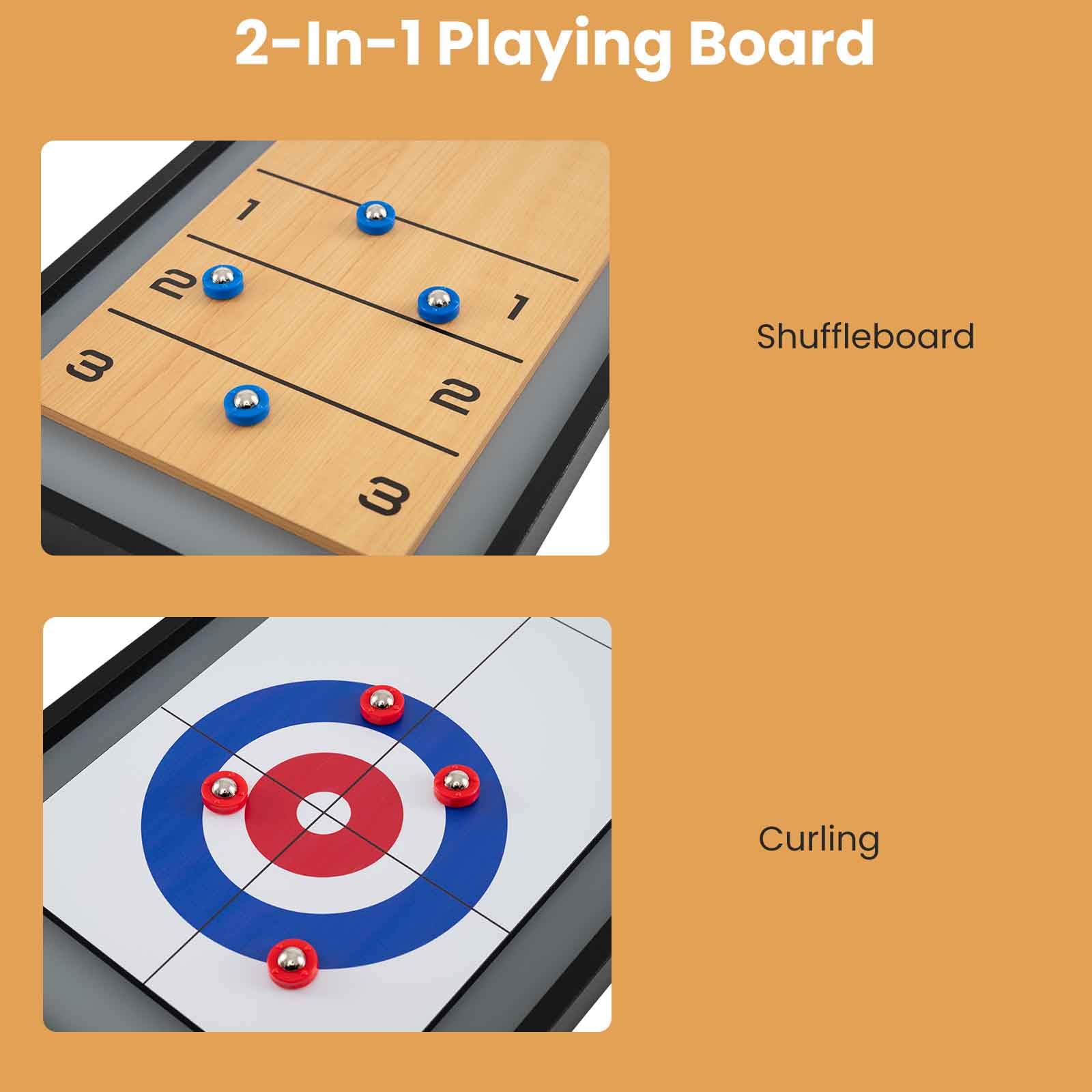 HOMASIS Gioco 2 in 1 Shuffleboard e Curling, Tavolo Multifunzionale Doppia Faccia in Legno, Portatile con 8 Dischi, 114x32 cm