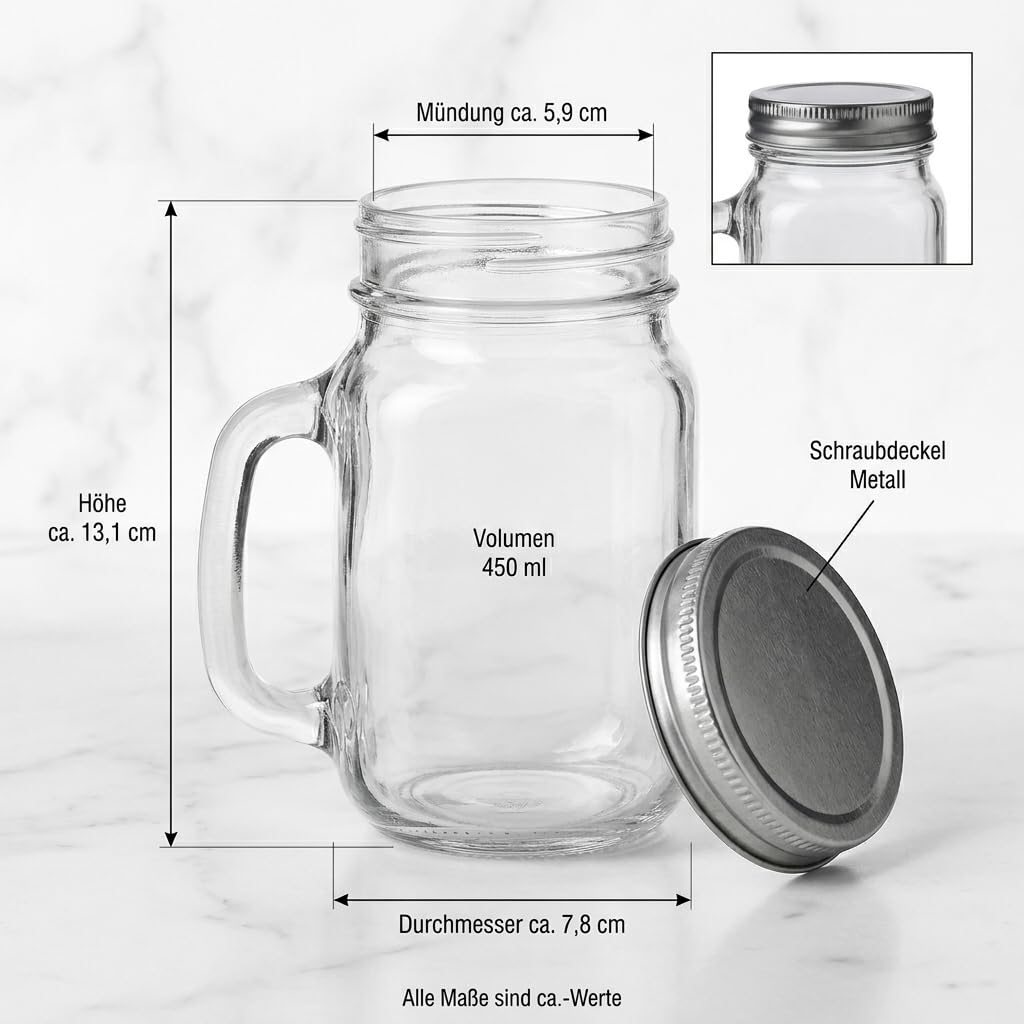 gouveo Set da 12 bicchieri in vetro con manico e coperchio (0,45 l) tappo a vite argento bicchieri alti per bevande fredde e servizio tavola (TGH450S)