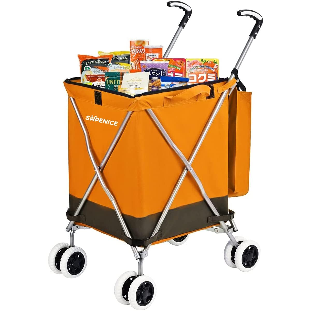 Supenice Shopping Carts for Groceries Foldable Rolling Trolley with 360° Double Front Swivel Wheels Waterproof Removable Canvas Liner with Cover for