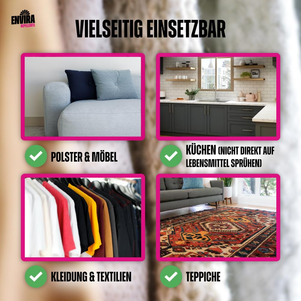 Envira Mottenspray 4 x 5 Liter - hochwirksam gegen Motten & Kleidermotten | Mottenschutz für den Kleiderschrank - Mittel gegen Lebensmittelmotten in der Wohnung, Langzeitwirkung