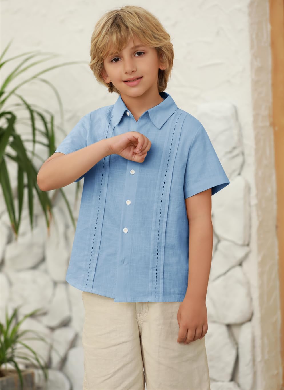 Hestenve Kid Boys Button Down Cotton Linen Shirt Casual Summer Short Sleeve Dress Shirt - Image 4