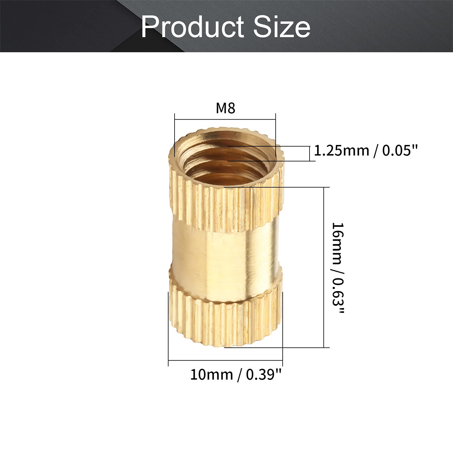 MroMax M8 Knurled Insert Nuts, M8x16x10mm Female Thread Knurled Brass Threaded Insert Metric Thru-Threaded Pressed Fit into Holes for 3D Printing Injection Molding Gold 5Pcs