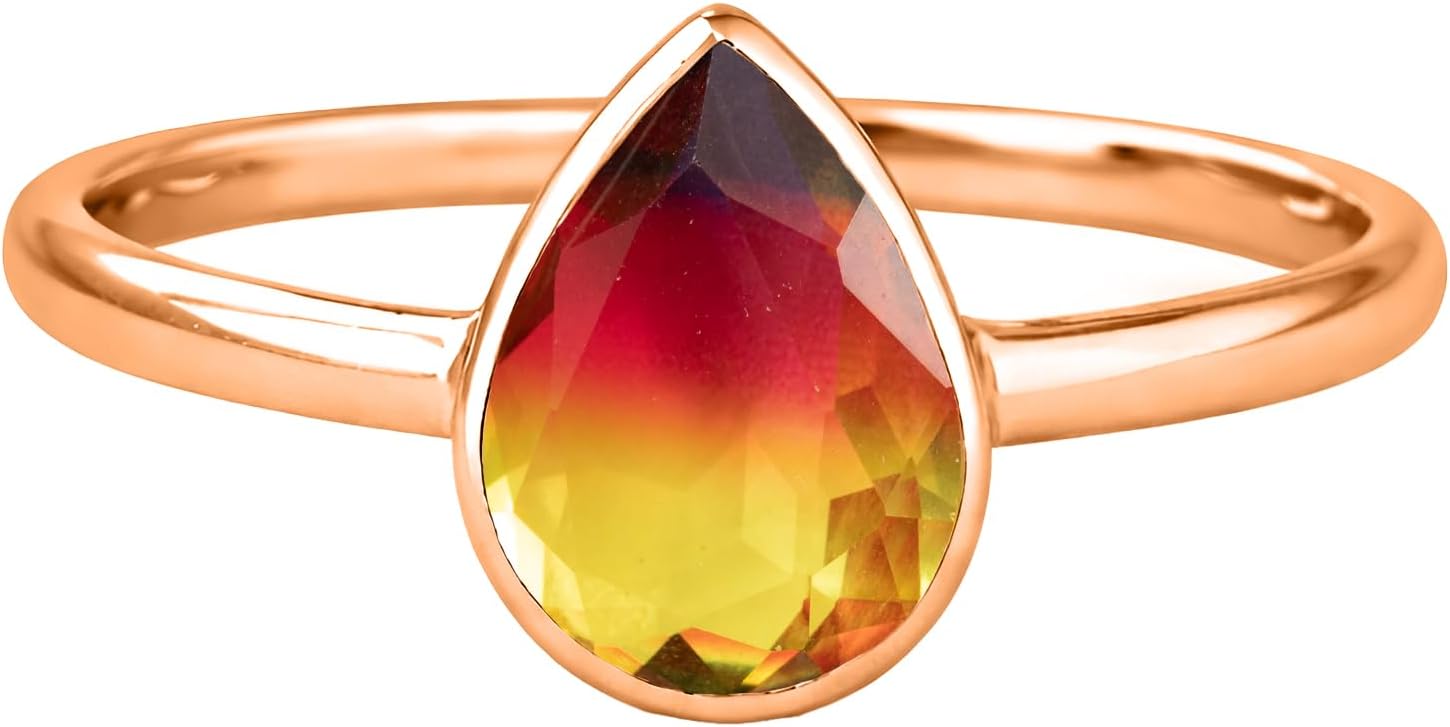 925 Sterling Silver Two Tone Tourmaline Color Rhinestone Ring for Women |18K Rose Gold Vermeil | Faceted Raindrop Cut Glass Stone Jewelry | Minimal Modern Statement Ring | Color Inspired Design