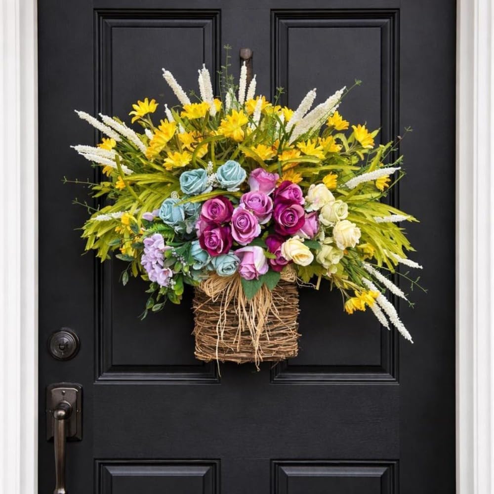 24 Inch Floral Basket Wreath for Front Door, Farmhouse Spring Summer Wreath with Yellow Daisies, Blue Pink Purple Roses and Greenery for Indoor Outdoor Wall Decor