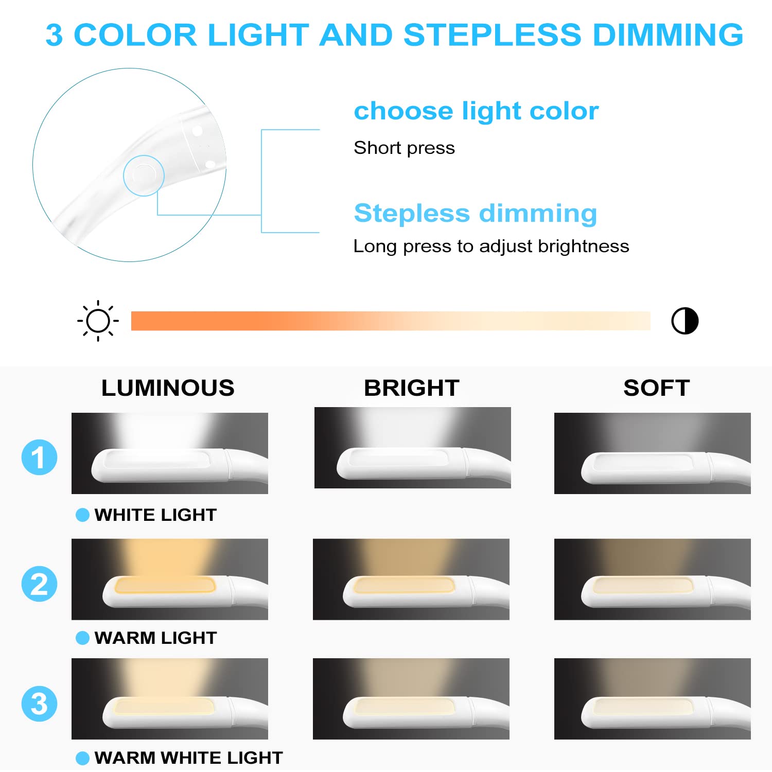Luce da lettura a LED da collo, luce per lettura a letto, lampada da scrivania a luminosità regolabile, luce da lettura a 3 colori, luce con bracci pieghevoli, adatta per riparazioni, corsa notturna,