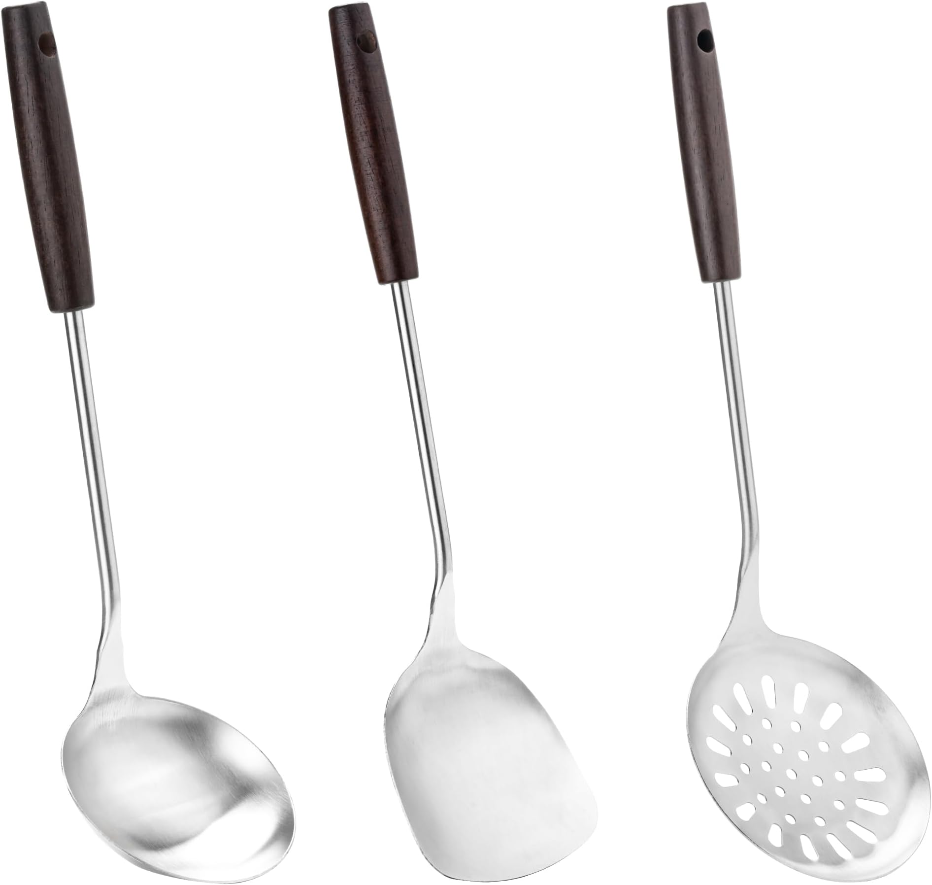 FJNATINH Wok Spatula and Ladle Skimmer Spoon - Stainless Steel Cooking Utensils Set of 3,Kitchen Wok Utensils Set
