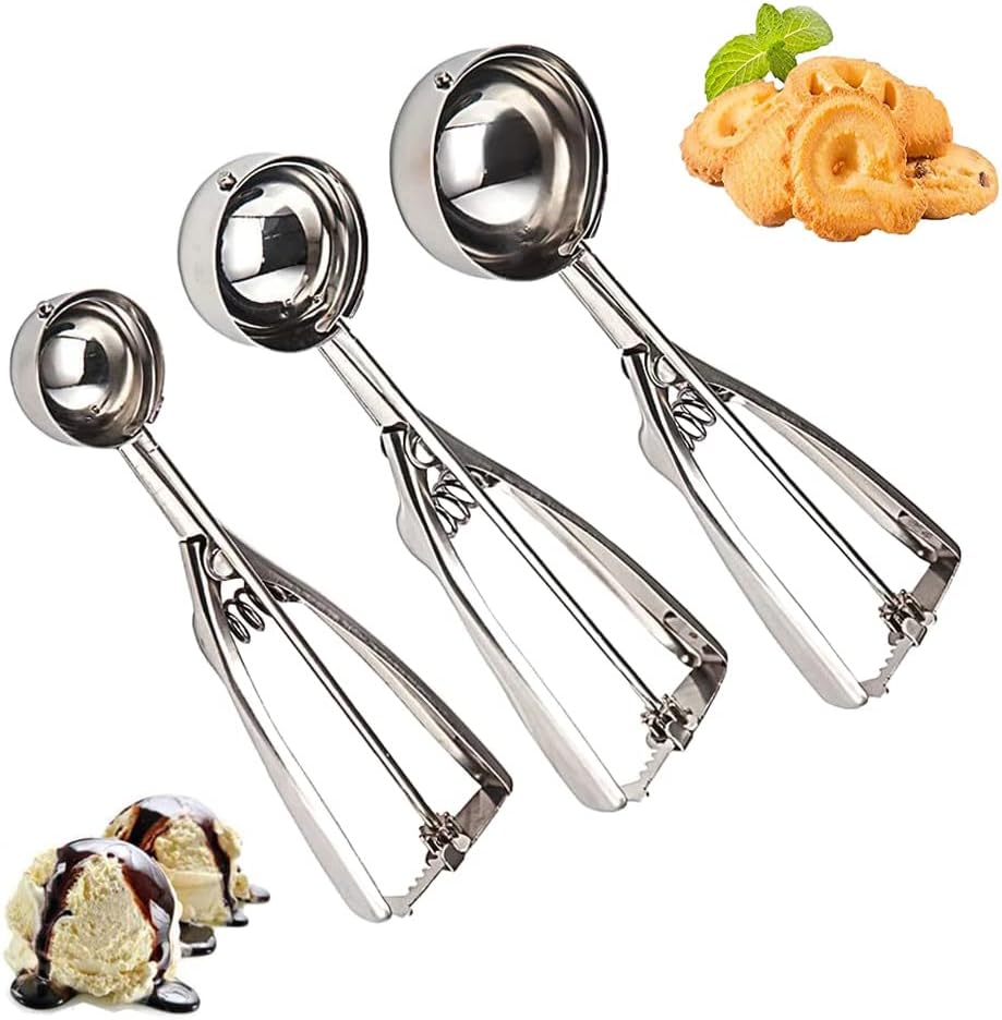 3-piece cookie scoop set-stainless steel ice cream scoop with trigger, large, medium and small cookie scoop, bakeable, easy to clean, highly durable, ergonomic cookie dough scoop