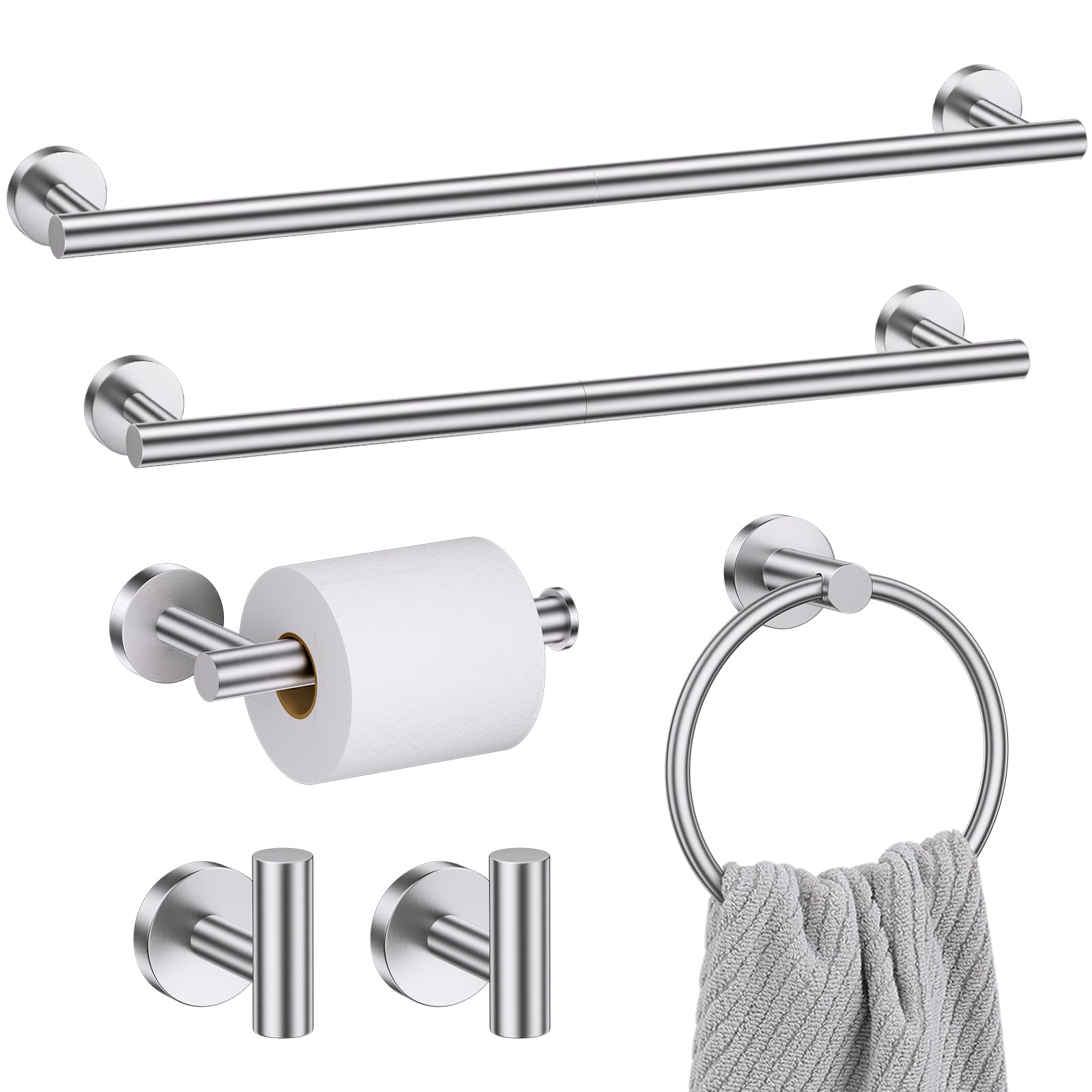 - Bathroom Hardware Set, 6-Piece Towel Bar Set Brushed Nickel Towel Holder Set Includes 19.68/23.6 in Towel Bar,Toilet Paper Holder,Towel Ring and Towel Hook Wall Mount Bathroom Accessories Set