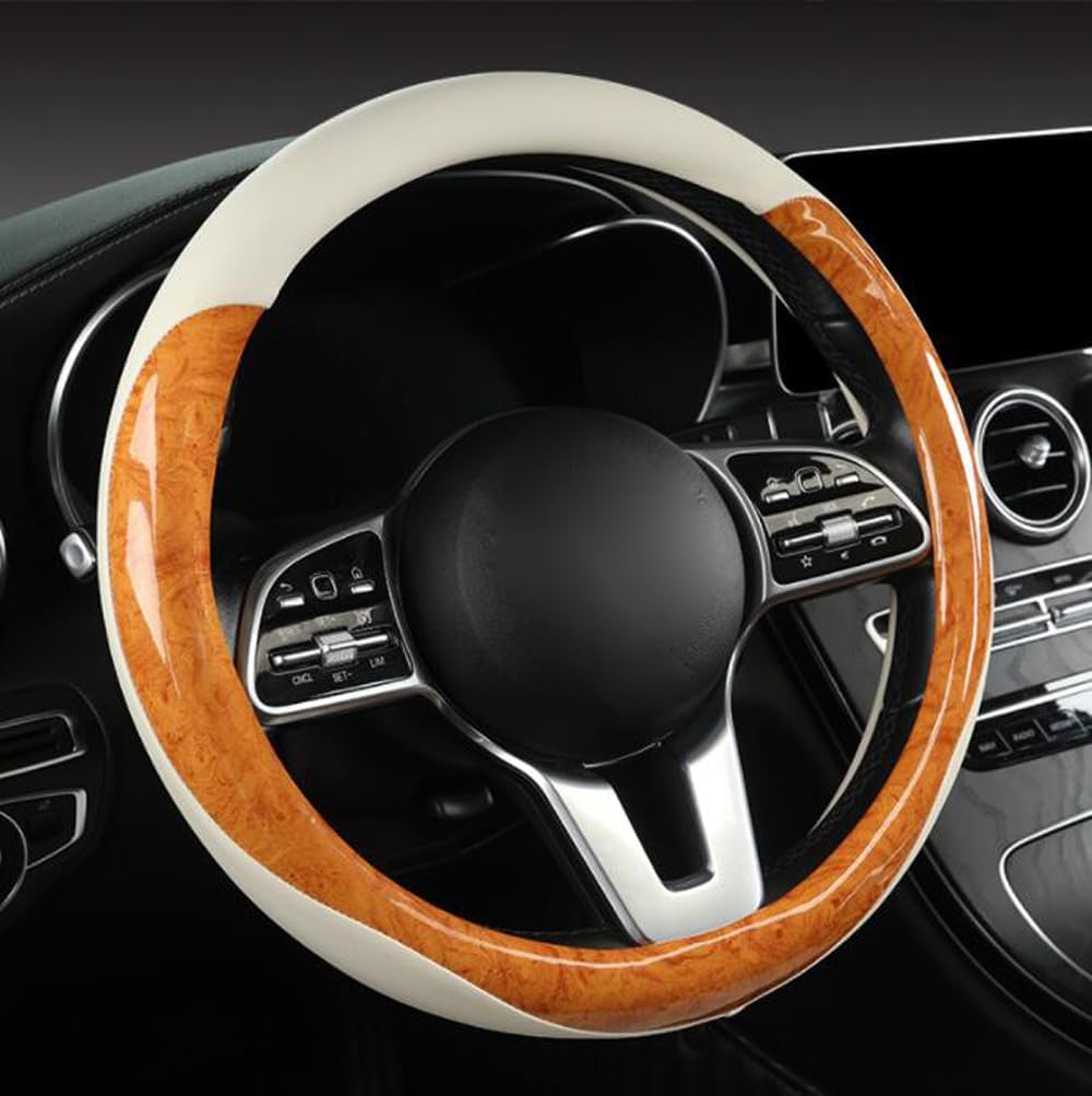 15 Inch Wood Grain Steering Wheel Cover for Women Men Anti-Slip Odorless Comfortable Four Seasons Universal Car Wheel Cover Protector (Yellow)