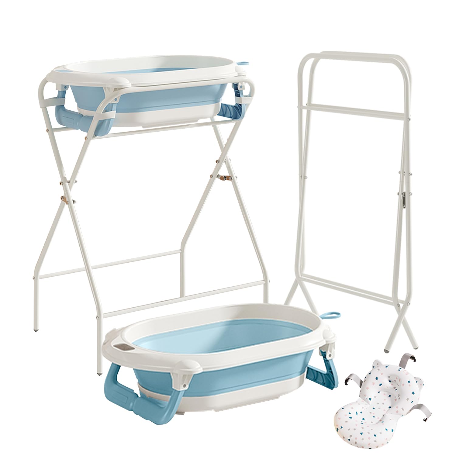 UBRAVOO Faltbare Babybadewanne – Ständer + Thermometer + Badekissen, Für Neugeborene bis 12 Monate (Blau)