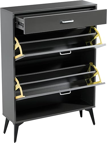 Miniatura 4 de Pvillez Almacenamiento de zapatos con 2 cajones abatibles y 1 cajón y estante abierto, armarios clásicos negros para zapatos, organizador de