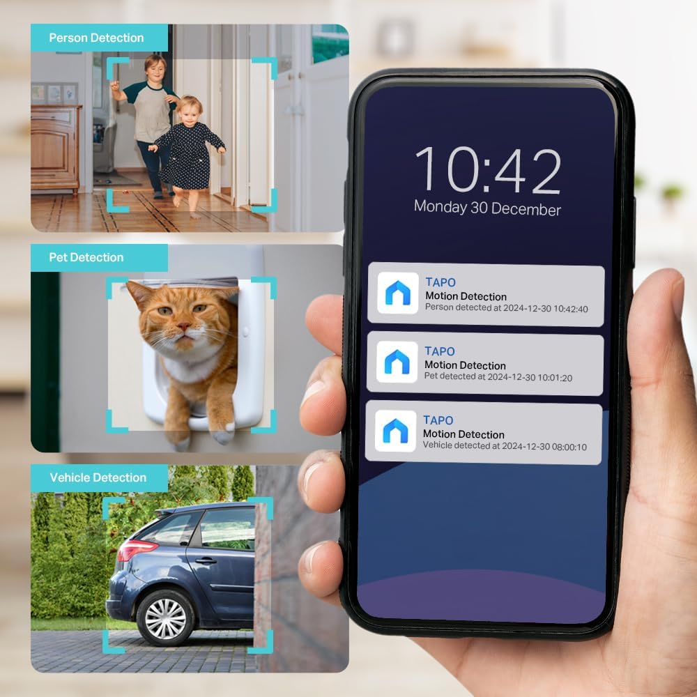 Smartphone screen showing motion detection notifications for Person, Pet, and Vehicle detected by the Tapo camera