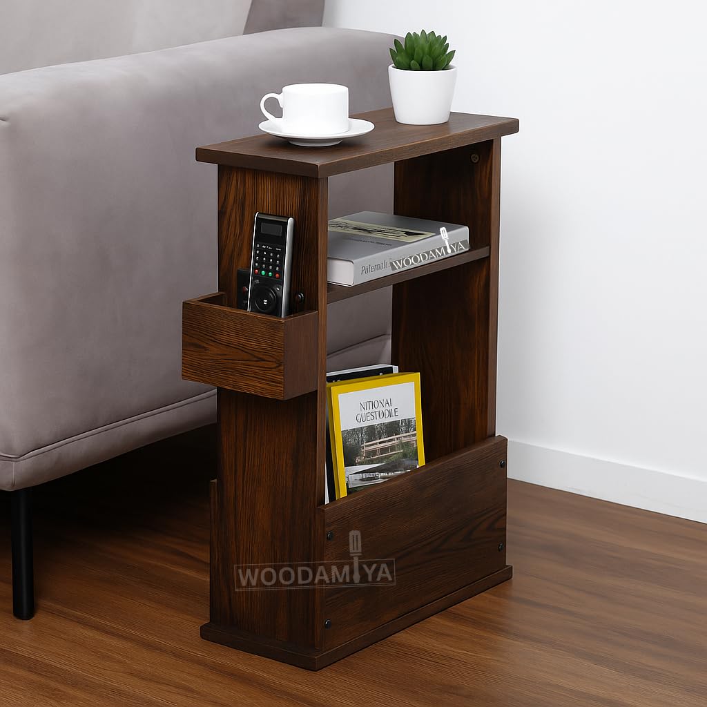 Solid Wood Bed/Sofa Side Table for Home, IDE Table with Magazine Rack & Remote Holder – Walnut Finish, Compact End Table for Living Room, Pocket Side Table - 16x6x21 Inch, Walnut Finish-image-20