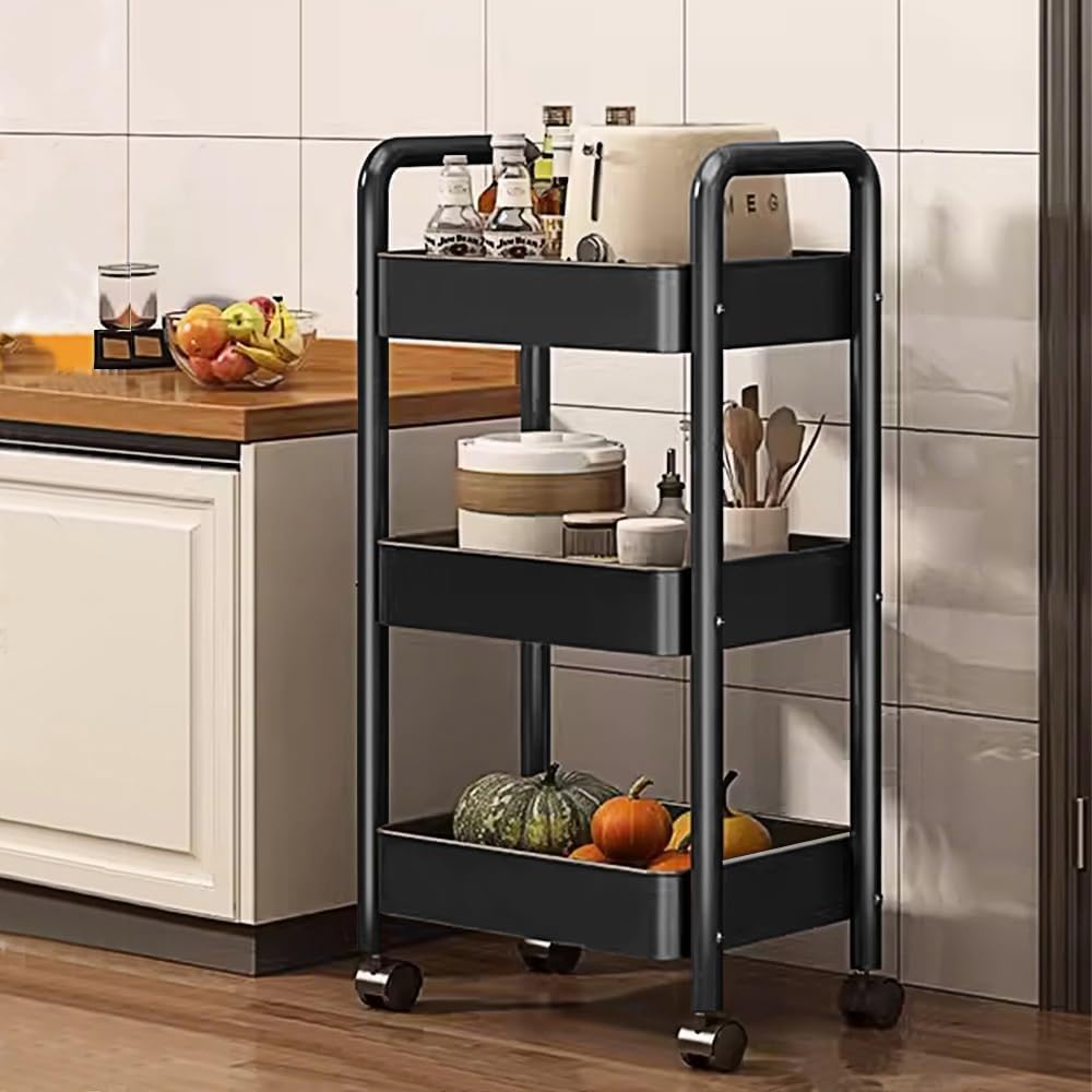 CoolLeaf KT-B3 Kitchen Storage Rack, Steel Kitchen Trolley with Wheels, Hooks and 3-Layer Baskets, Vegetable Stand for Kitchen Organizer, Onion Potato Rack for Kitchen-10kg Loading Per Layer | Black