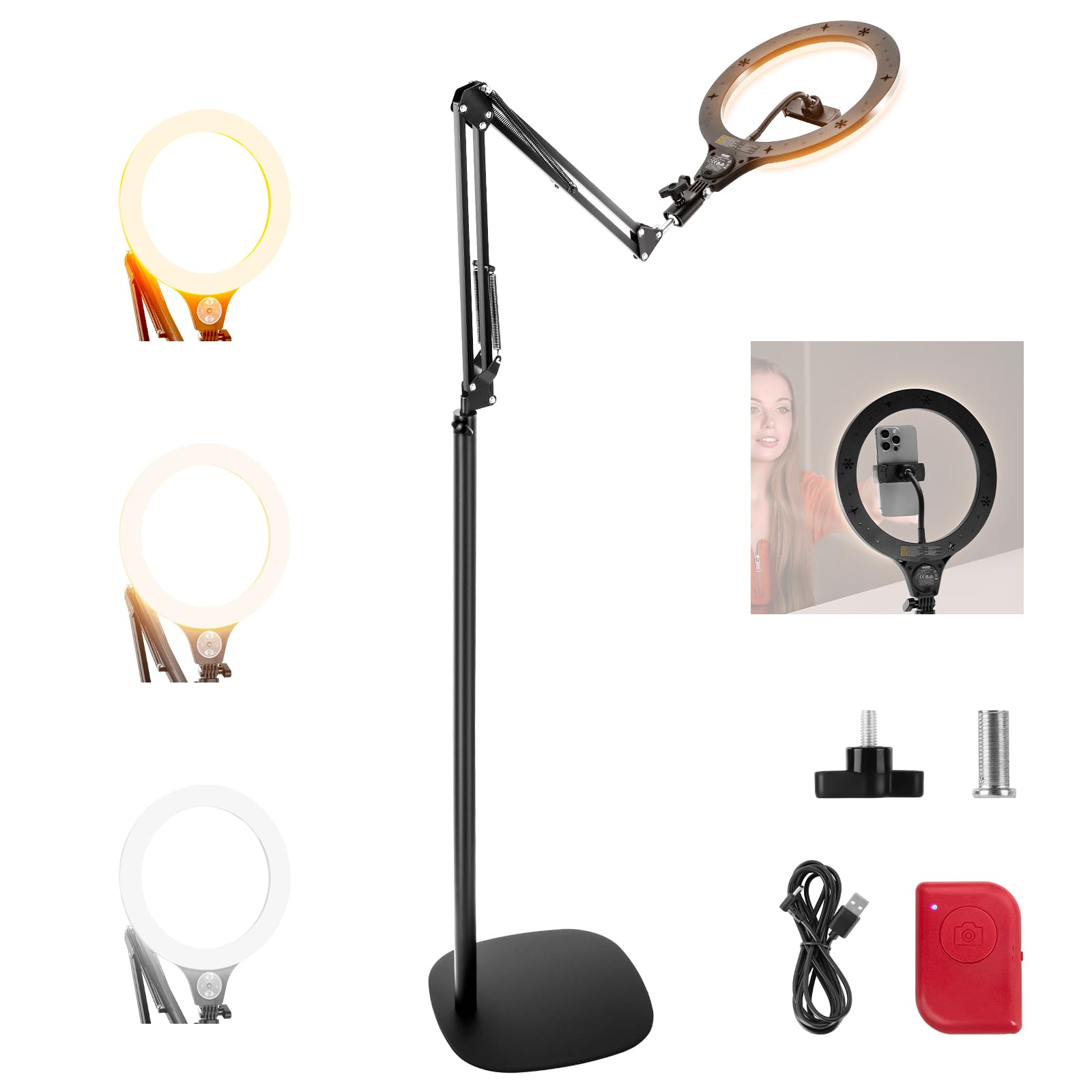 NEEWER WERSJA POZIOMU WCHODZENIA 10 cali 10 W Lampa pierścieniowa ze stojakiem 117.8 cm-160.0 cm, uchwyt na telefon kompatybilny z iPhone, dwukolorowe oświetlenie LED selfie CRI85+ do nagrywania wideo