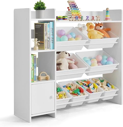 Fencer Wire Organizador de juguetes con 8 cubos de plástico blanco, solución de almacenamiento perfecta para niños pequeños, armario de
