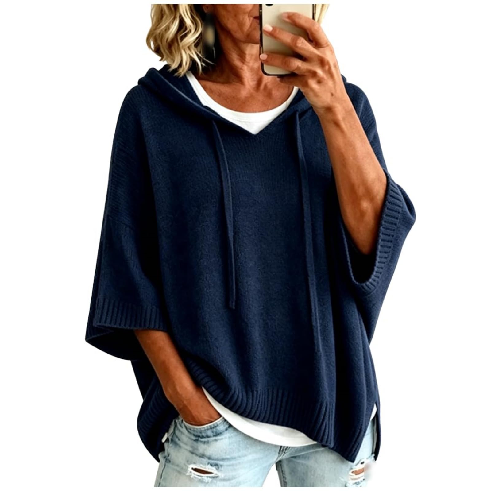 Maglione poncho da donna con cappuccio e maniche a pipistrello a 3/4