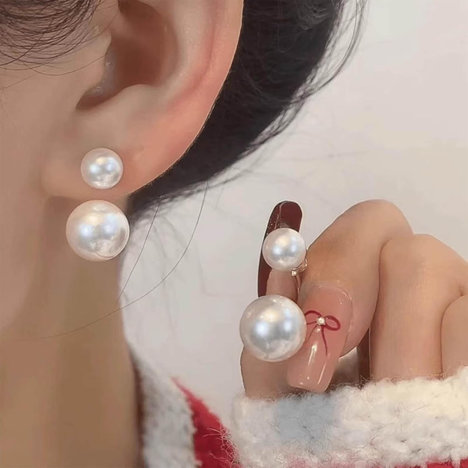 Vintage Pearl Ear Jacket Earrings Double Pearl Stud Earrings Mermaid Claw Earring Gold Front Back Gold C Shape Stud Jewelry for Women - Image 2