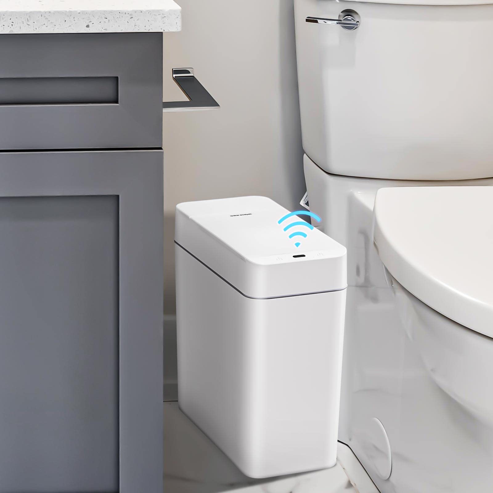 funest Touchless Bathroom Trash cans with lids, 3.8 Gallon Waterproof Motion Sensor Bedroom Garbage Bin , Slim Plastic Narrow Small Dogproof Wastebasket for Kitchen, White